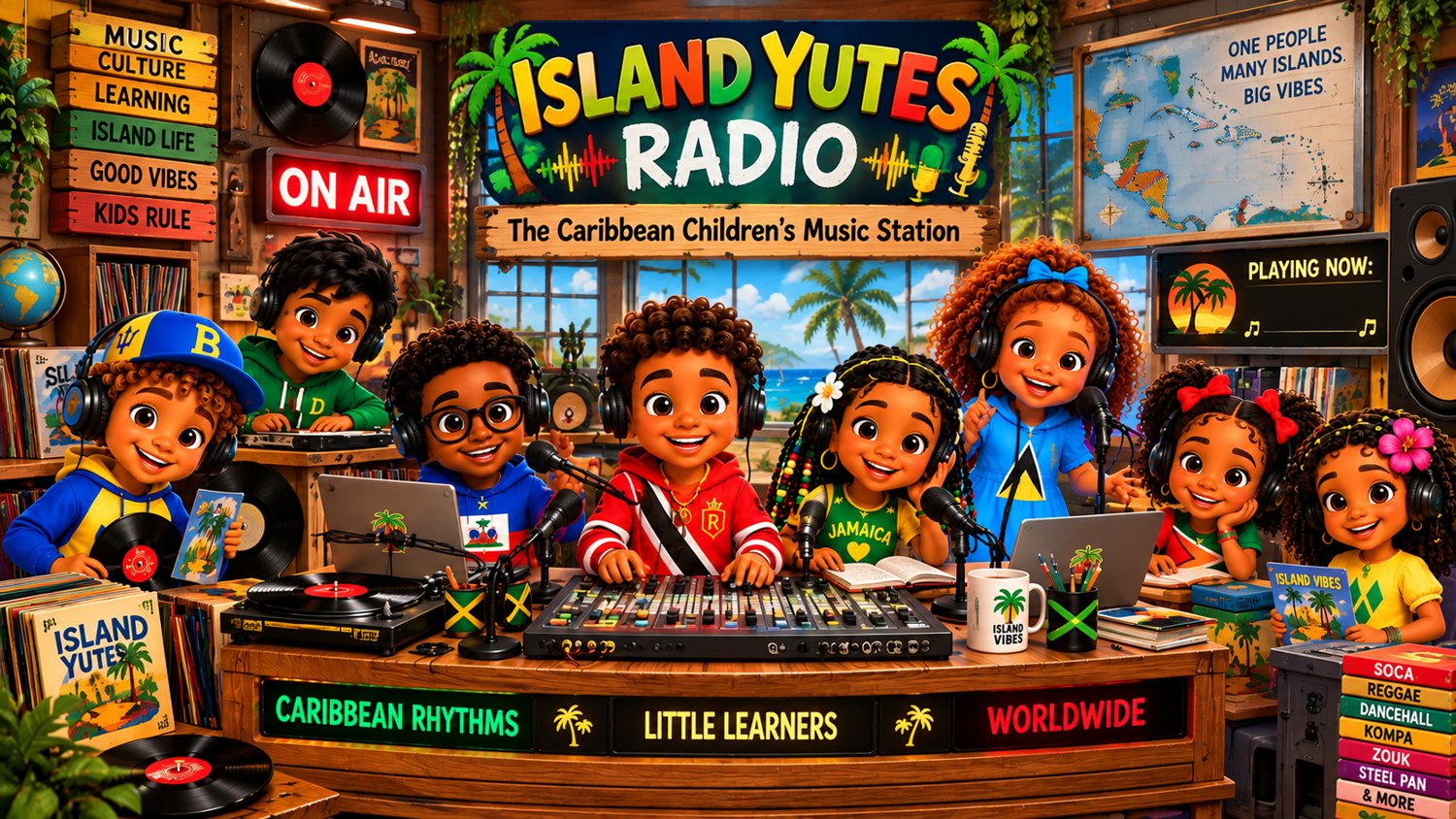Eight Island Yutes characters hosting a colorful Caribbean radio studio with mixing equipment and microphones